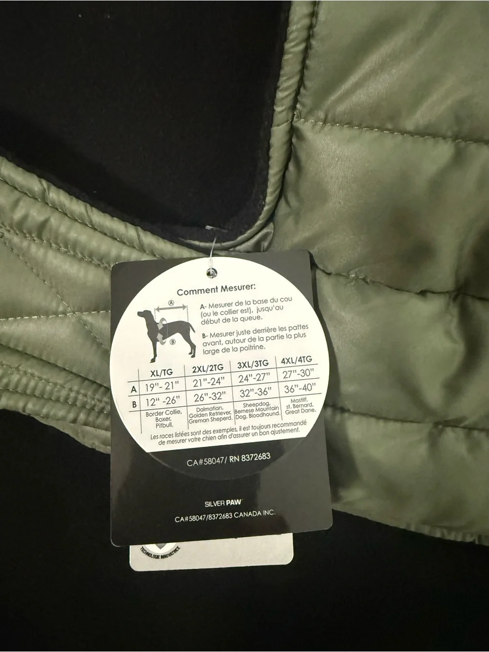Silver Paw Quilted Olive Green Puffer Dog Coat